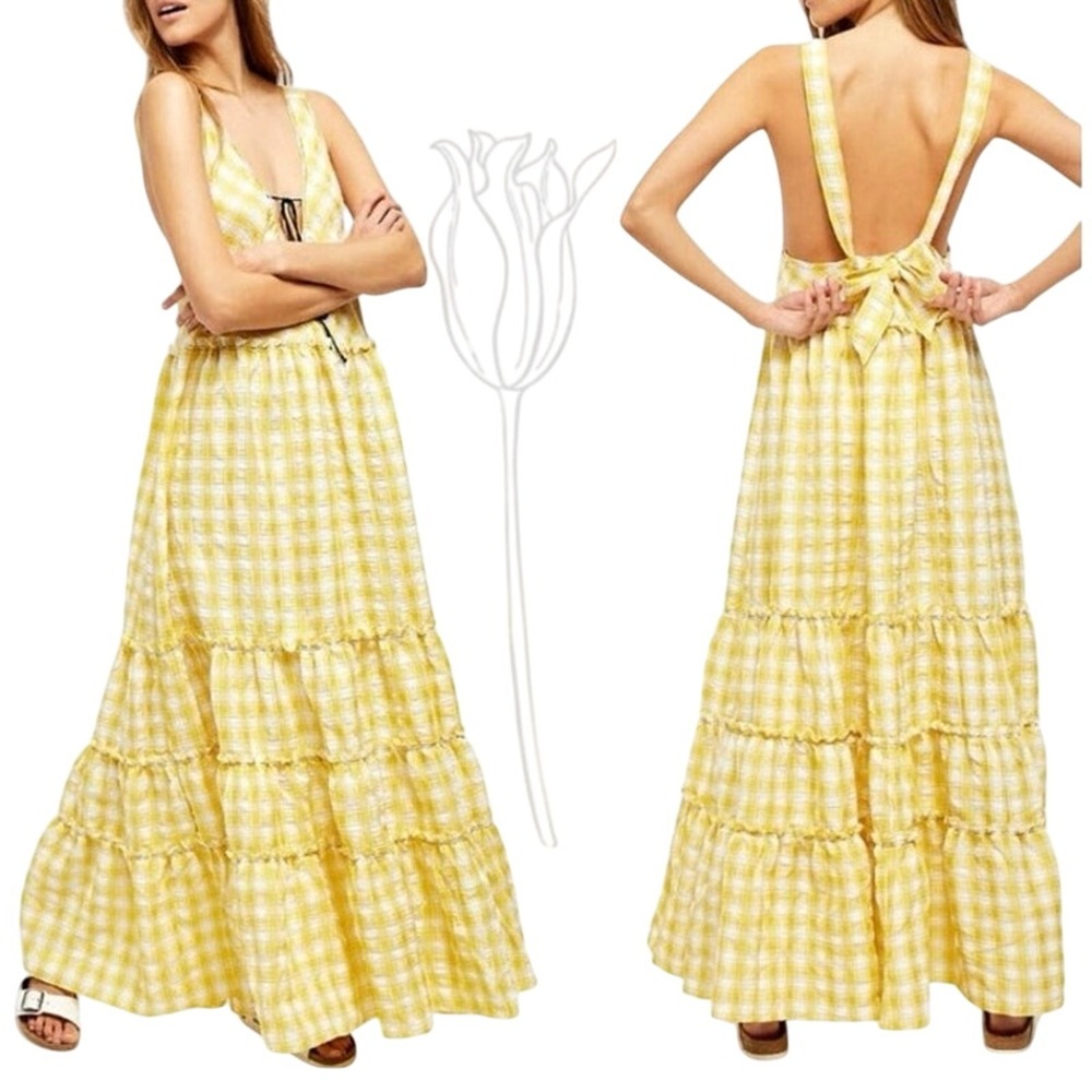 NEW FREE PEOPLE Beach Club Gingham Maxi Dress Size M Yellow White Tiered Raw Hem - Picture 1 of 10